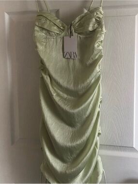 ZARA Light Green Satin Midi Slip Skirt